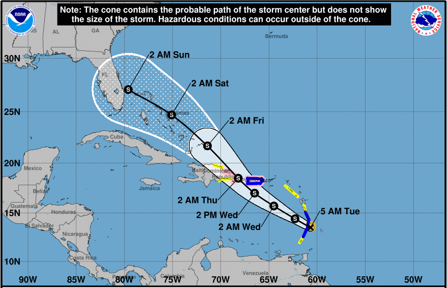 Cone of uncertainty graphic for a storm predicted to be five days out from landfall in your area