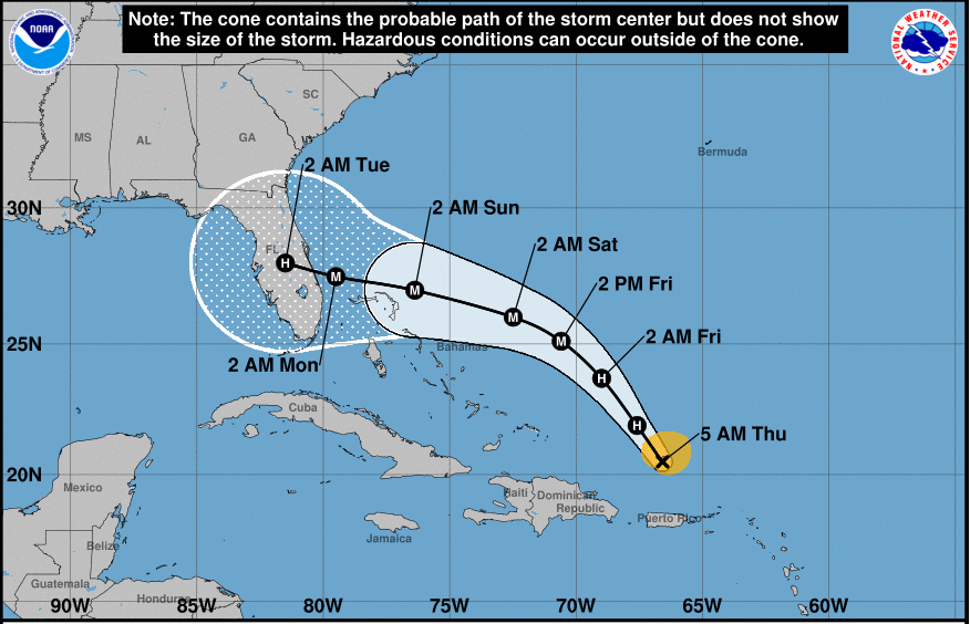 Cone of uncertainty graphic for a storm predicted to be three days out from landfall in your area