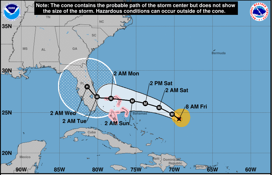 Cone of uncertainty graphic for a storm still predicted to be four days out from landfall in your area