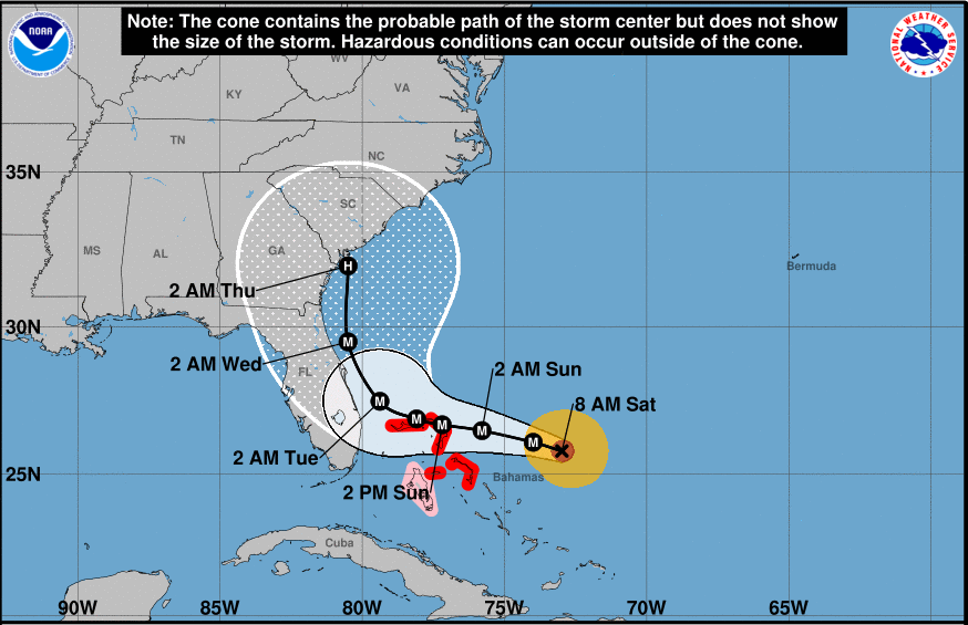 Cone of uncertainty graphic for a storm now predicted to recurve out to sea, but still come close to your area