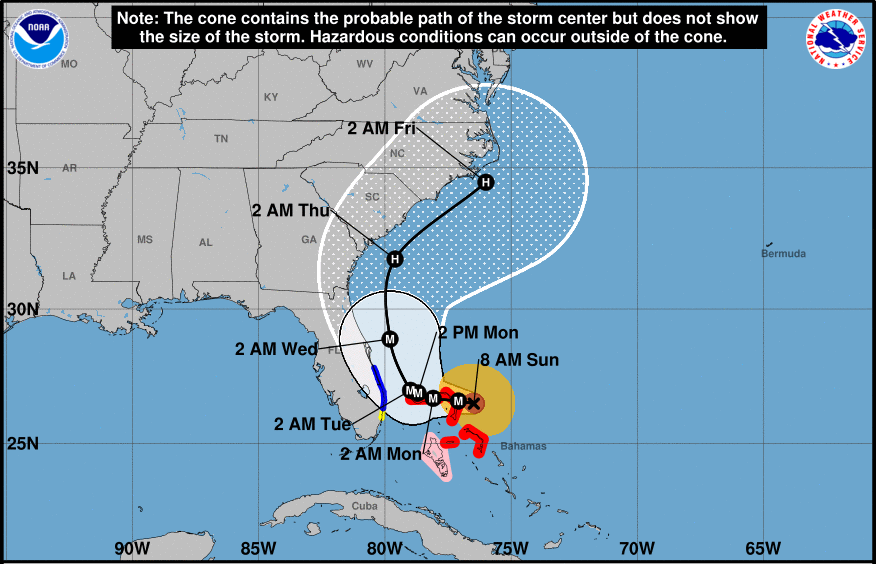 Cone of uncertainty graphic for a storm now predicted to recurve out to sea, missing your area