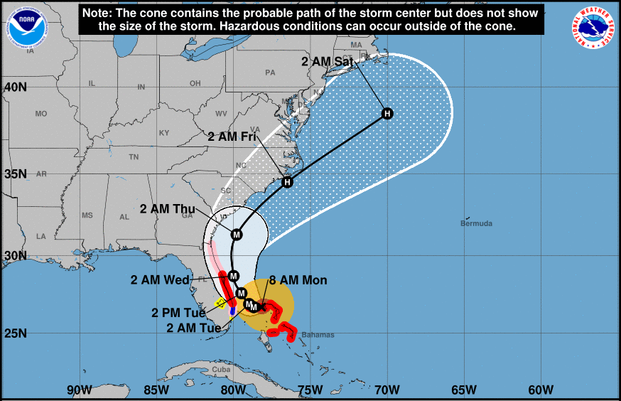 Cone of uncertainty graphic for a storm now predicted to recurve out to sea, missing your area