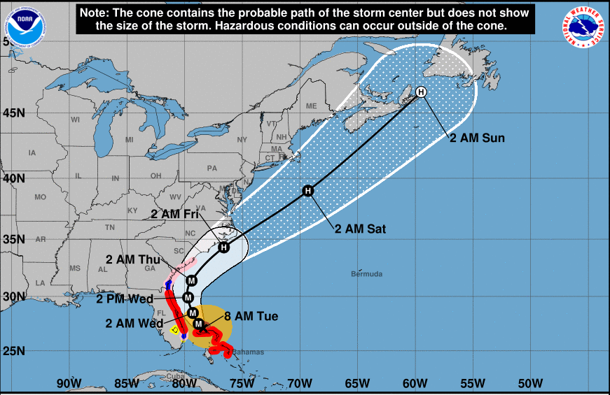 Cone of uncertainty graphic for a storm now predicted to recurve out to sea, missing your area