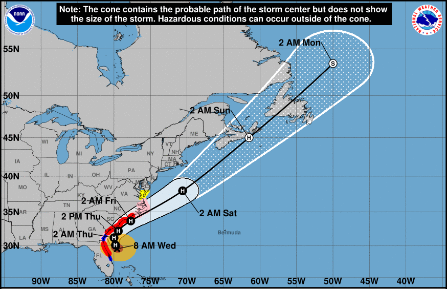 Cone of uncertainty graphic for a storm now predicted to recurve out to sea, missing your area