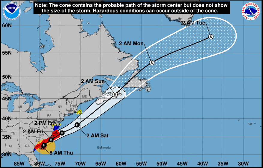 Cone of uncertainty graphic for a storm now predicted to recurve out to sea, missing your area