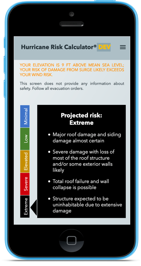 Image of output from the Hurricane Risk Calculator simulated as being displayed on a mobile phone screen. This image shows the Risk of Damage for the Extreme risk level. 
